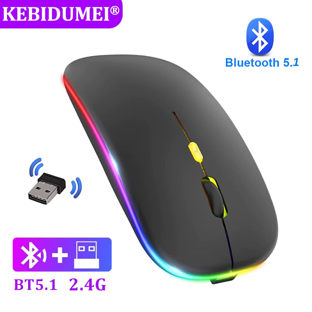 Wireless Bluetooth Mouse - 2.4GHz Rechargeable Silent LED Backlit Gaming Mouse with 1600 DPI for PC and Laptop