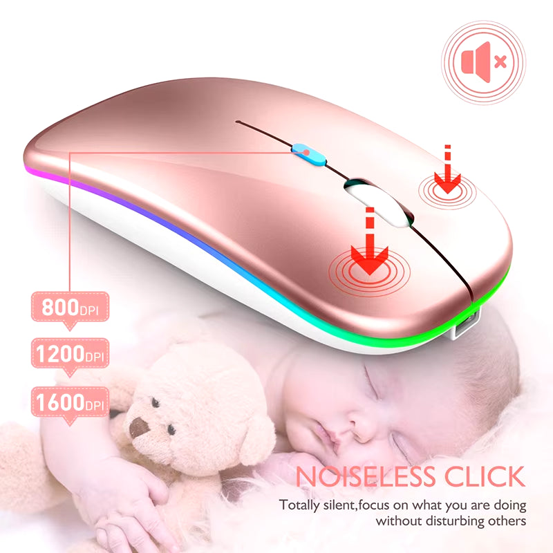 Wireless Bluetooth Mouse - 2.4GHz Rechargeable Silent LED Backlit Gaming Mouse with 1600 DPI for PC and Laptop